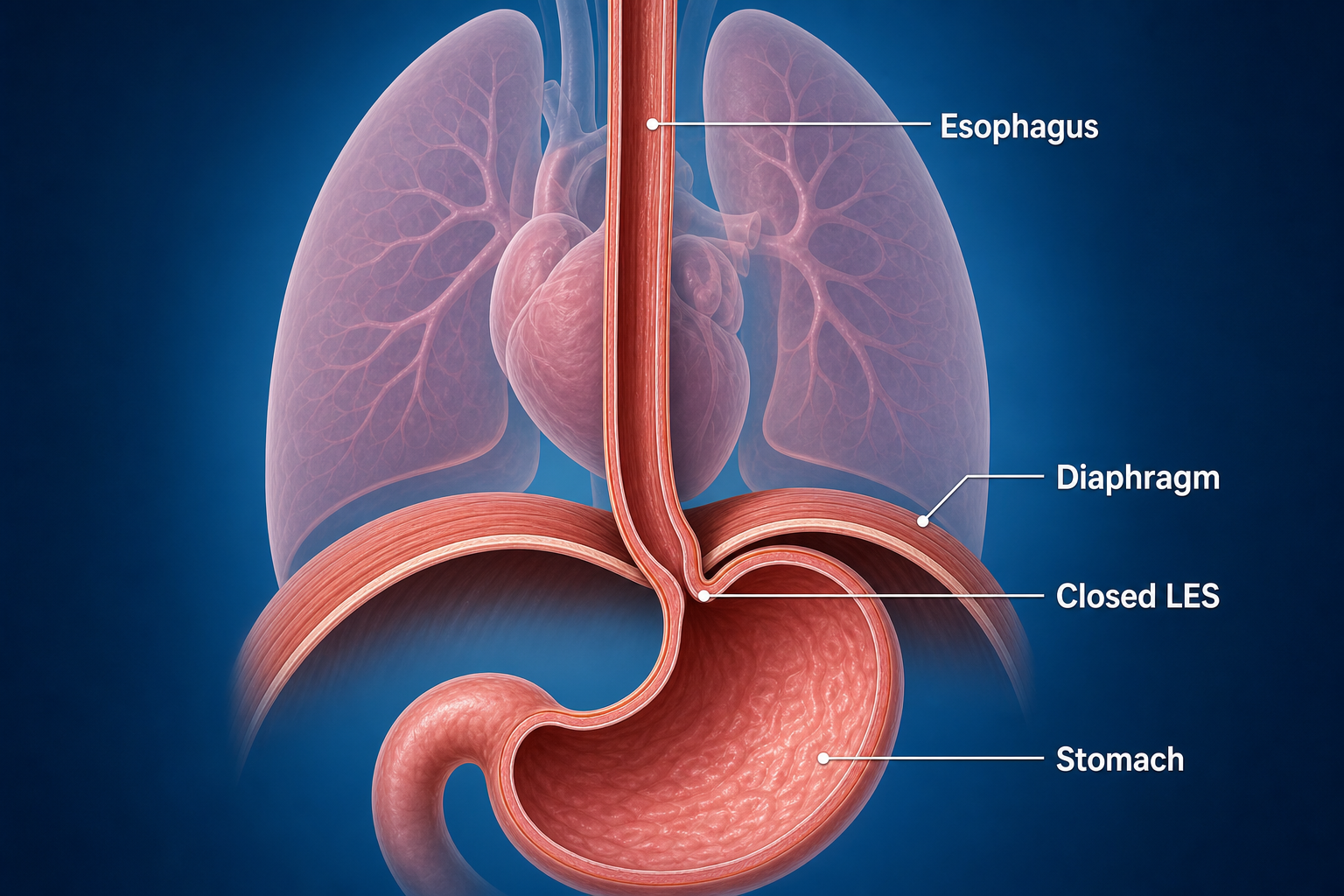 Normal upper gastrointestinal anatomy with closed lower esophageal sphincter