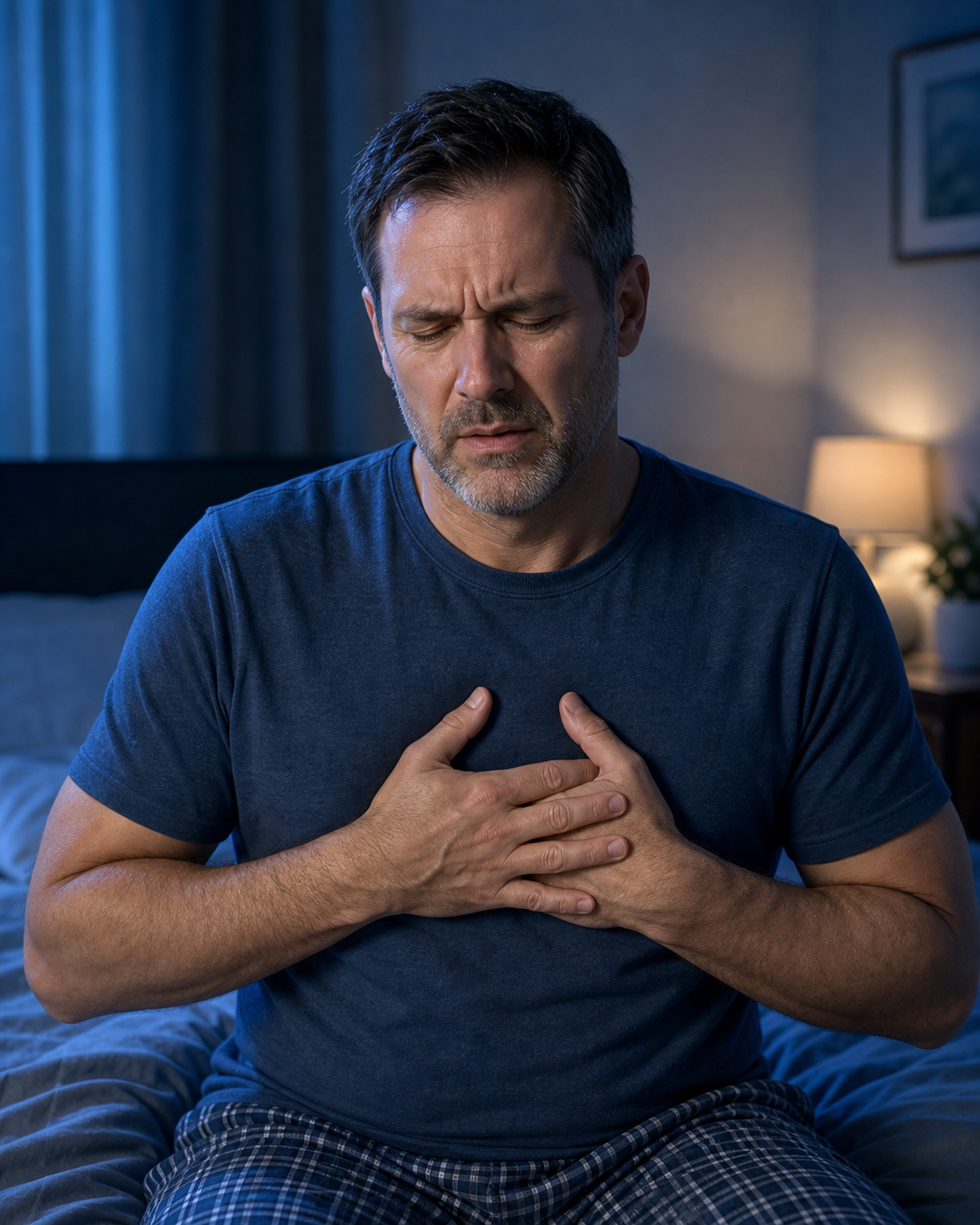 Person clutching the center of the chest with reflux-like discomfort